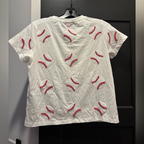 Queen Of Sparkles Scattered Baseball Tee Shirt Top Sequin Ball Sports White - Picture 9 of 11